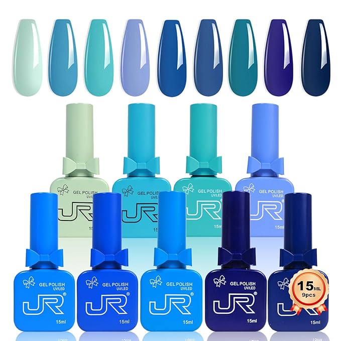 JR 9 PCS 0.5oz Nail Gel Polish Set Same Color Same bottle Ocean Blue Gel Nail Set UV LED Soak Off Polish Set Home DIY Gift Blue Set