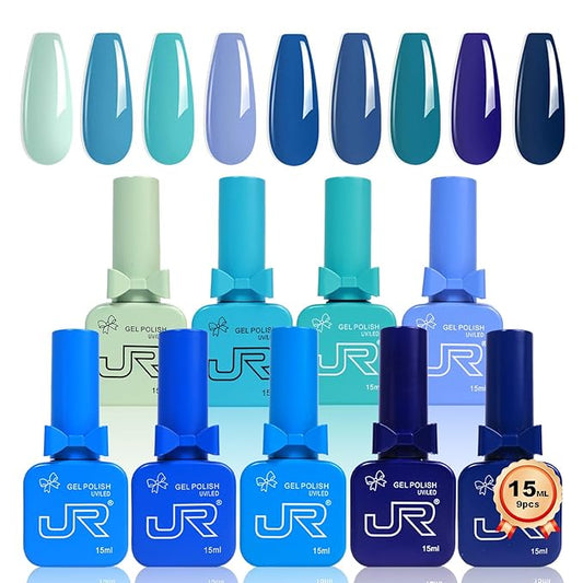 JR 9 PCS 0.5oz Nail Gel Polish Set Same Color Same bottle Ocean Blue Gel Nail Set UV LED Soak Off Polish Set Home DIY Gift Blue Set
