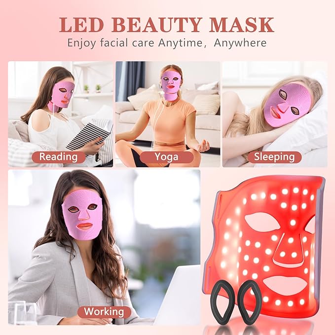 Led Face Mask Light Therapy,Red Light Therapy for Face and Neck,7 Colors LED Facial Skin Care Mask,5 Level Brightness Adjustment,309 LED Beads Can Be Used at Home,Pink