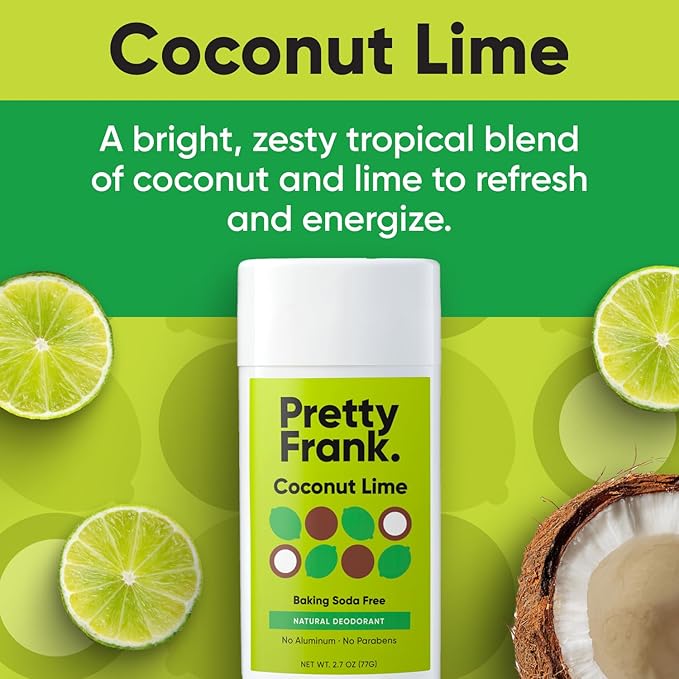 Pretty Frank Natural Aluminum-Free Deodorant Stick, Baking Soda-Free, Coconut Lime (1-Pack) | Sensitive Skin Friendly, Effective Odor Control for Women & Men, Organic Ingredients and Essential Oils