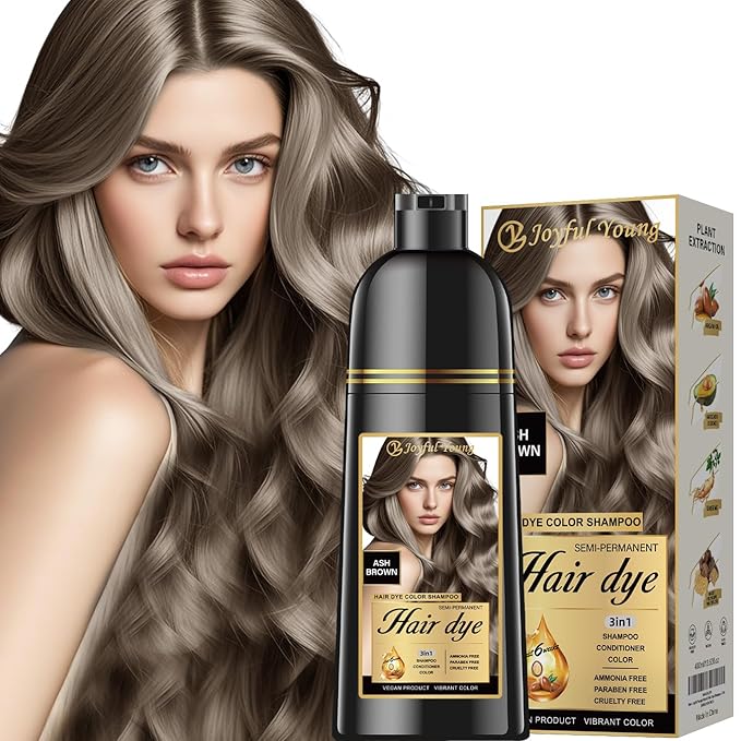 Natural Hair Dye Shampoo 3 IN 1, Gray Hair Coverage, Vegan, Ammonia-Free & Paraben-Free Hair Coloring Shampoo for Women & Men, Beard Dye for Men, Nourishing Gentle Easy to Use (ASH BROWN)