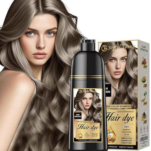 Natural Hair Dye Shampoo 3 IN 1, Gray Hair Coverage, Vegan, Ammonia-Free & Paraben-Free Hair Coloring Shampoo for Women & Men, Beard Dye for Men, Nourishing Gentle Easy to Use (ASH BROWN)