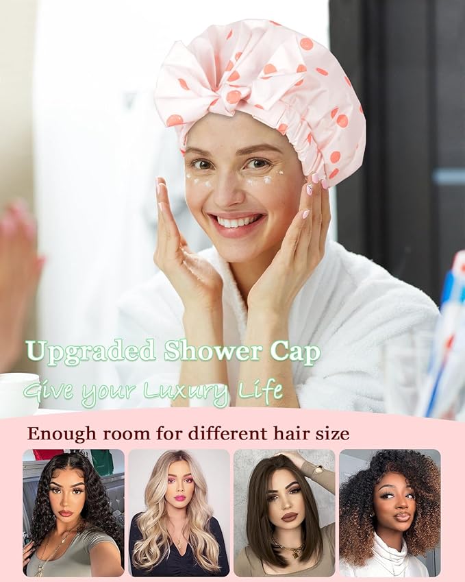 Shower Cap Luxury Shower Caps for Women Reusable Waterproof Hair Cap for Shower with Adjustable Bowknot Hair Bath Cap (Pink)