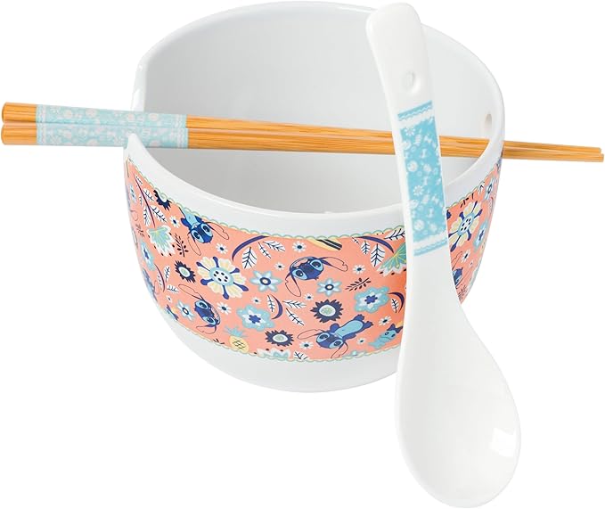 Silver Buffalo Disney Lilo and Stitch Flower and Leaves Pattern Ceramic Ramen Noodle Rice Bowl with Chopsticks and Spoon, Microwave Safe, 20 Ounces