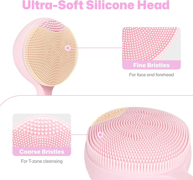 PRITECH Facial Cleansing Brush, Rechargeable Silicone Face Scrubber with Constant-Temperature Heating, Vibrating Exfoliator Scrubber for Deep Pore Cleaning, Waterproof Face Brush for Women & Men -Pink