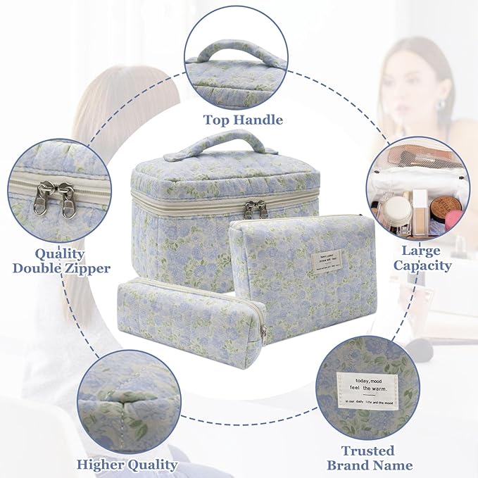 3pc Makeup Bag Set, Quilted Makeup Bag Set, Large Floral Cosmetic Bag for Women, Cute Cotton Makeup Bags, Flower Travel Toiletry Organizer Bag (Green Leaves Blue Flowers)