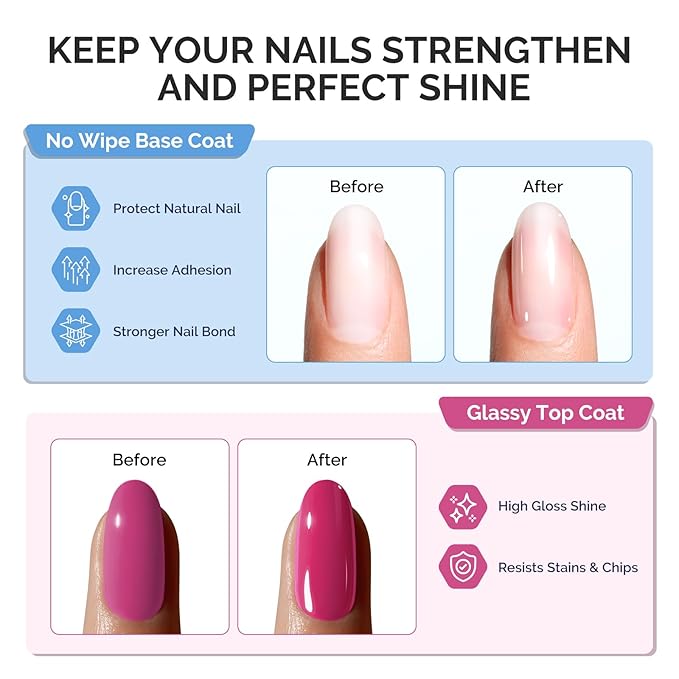 MelodySusie Fleurwee No Wipe Glossy Top Coat & Base Coat Gel Nail Polish Hema Free 21 Non Toxic Soak off UV Long Lasting No Chip Gifts for Women Finger Toe Nail Polish (Pack of 2)