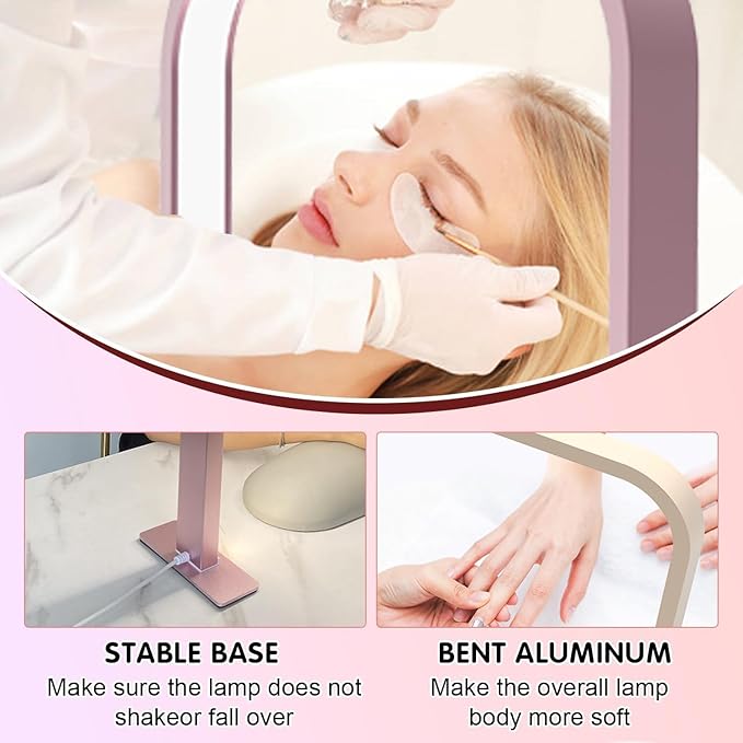 Half Moon Nail Desk Lamp, 45W LED Nail Tech Desk Light with Phone Holder, Half Moon Nail Light 3000-6000K Adjustable Brightness, Nail Table Arch Lamp, for Manicure Lash Eyelas (Pink), YY111