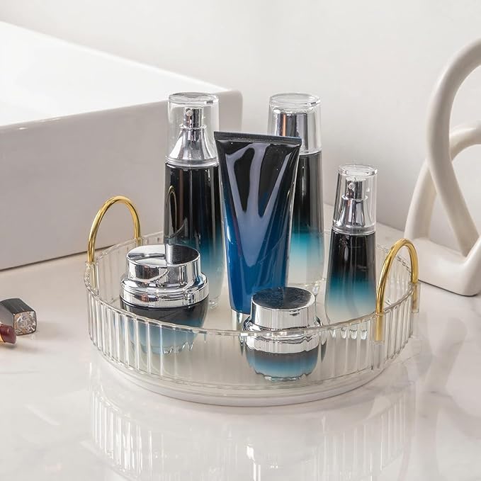 360° Rotating Makeup Organizer, Bathroom Make Up Spinning Holder Rack, Large Capacity Cosmetics Storage Vanity Shelf Countertop, Fits Cosmetics, Perfume, Skincare, Lipsticks(1 Tier, Clear)