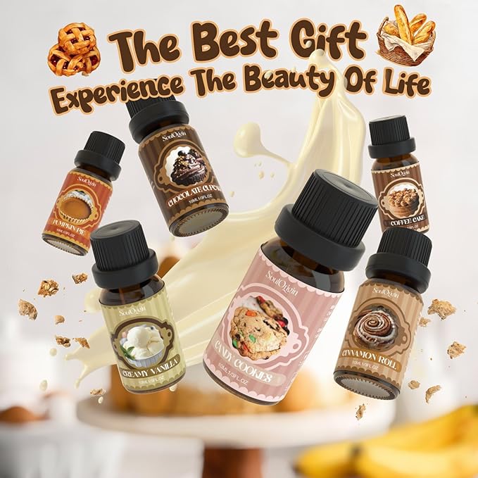Bakery Essential Oils Set, Fragrance Oil Set for Diffuser, Scent Diffuser Oil for Candle Making- Chocolate Cookies, Creamy Vanilla, Coffee Cake, Pumpkin Pie, Candy Cookies, Cinnamon Rolls