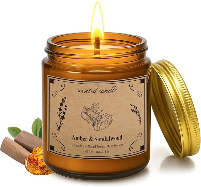 Scented Candles, 16oz Large Jar Soy Wax Candle – Amber & Sandalwood with Premium Plant Wax Blend for Consistent Burn, Aromatherapy Candle for Home Scented, Relaxation and Gift for Women/Men