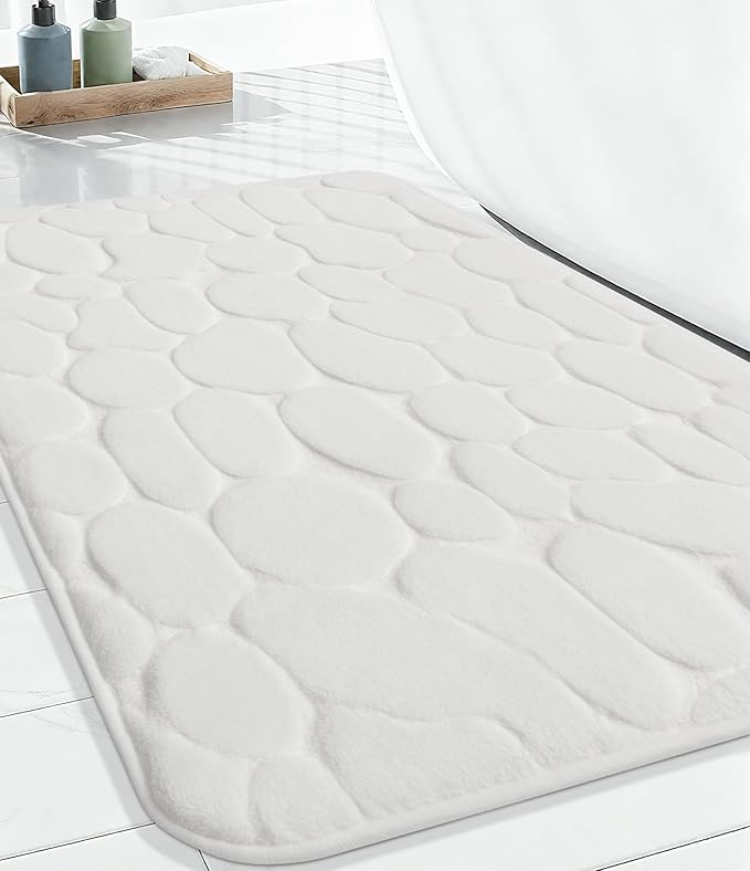 YIHOUSE Memory Foam Runner Rug, Cobblestone Bathroom Runner Rugs Super Water Absorbent Bath Mats for Bathroom Machine Washable Bath Rugs for Hallway Bedroom Laundry Room(24 x 47,White)