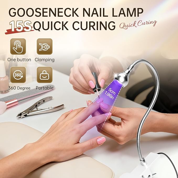 AORAEM U V Nail Lamp - Sliver 3W U V Light for Nails 35NM U V LED Nail Lamp with Gooseneck and Clamp for Gel Nails (AA-Silver)