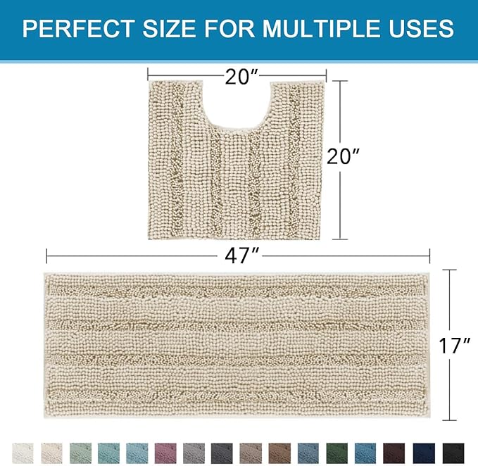H.VERSAILTEX Bathroom Rug Sets 2 Piece Bath Mats Non Slip Thick Soft Chenille Striped Bath Rug achine Washable Shower Floor Rugs for Tub, Shower and Floor (Fog, 47"x17" Plus 20"x20" U)
