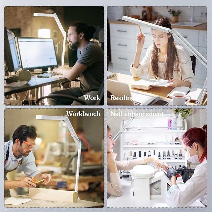 LED Desk Lamp, Manicure Table Lamp, 16" Lamp Head, Dimmable Eye-Caring Drafting Light with 3 Color Modes, 10 Brightness Levels & Adapter, Memory Function(White)