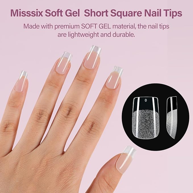Misssix Short Square Gel Nail Tips Kit, 216Pcs Pre Etched Clear gel x Fake Nails, Full Cover False Nail 9-in-1 Gel Glue and Portable Mini U V Nail Lamp for Women 12 Sizes