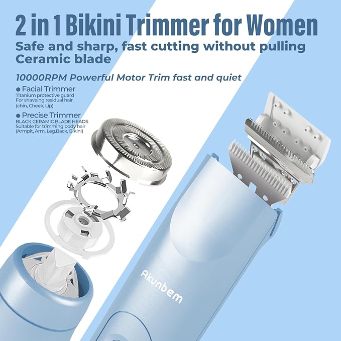 Bikini Trimmer for Women - 2 in 1 Electric Razors for Women - Dual Head Electric Shaver - IPX7 Waterproof Wet & Dry Use Body Hair Trimmer and Facial Hair Remover for Bikini Underarm Leg Arm