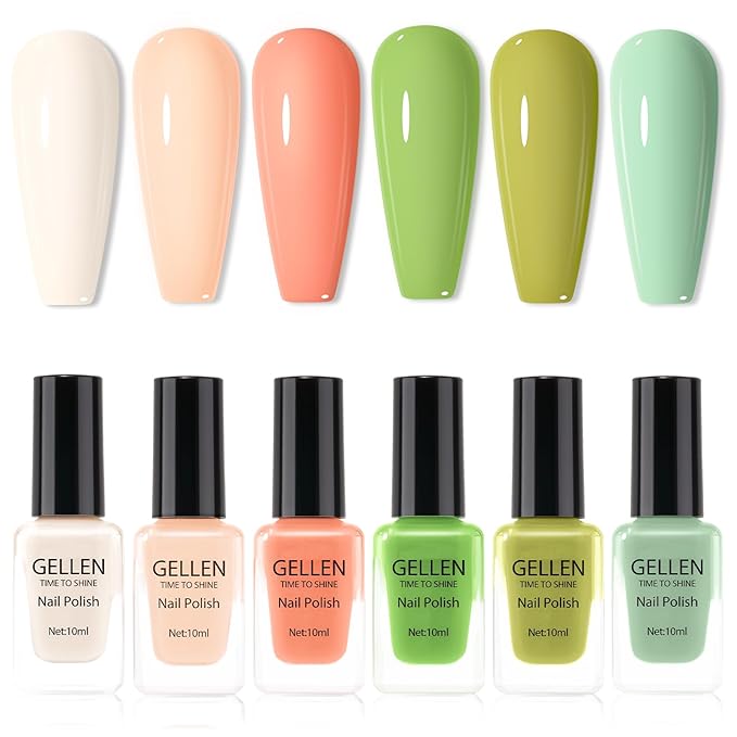 GELLEN Spring Summer Regular Nail Polish Non Gel, Fast Air Drying Traditional Nail Polish No UV Light Needed, Nude Green Set for Women Manicure Home Salon St. Patricks Day, Hema Free, 10ml