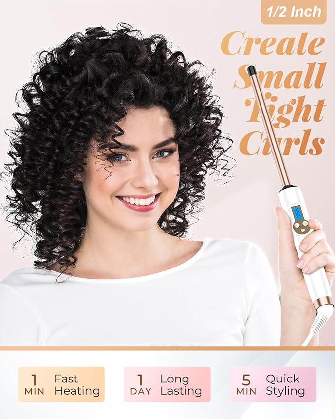 HOSON 1/2 Inch Curling Wand Iron,Ceramic Skinny Curling Wand for Long Hair,Dual Voltage Half Inch Curling Iron Thin Long Barrel,10 Adjustable Temperature