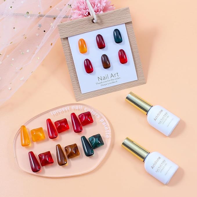 Artdone Sheer Gel Nail Polish Set Jelly UV Gel 6 Colors Translucent Amber Nude Brown Colors Nail Polish For All Seasons Neutral Soak off LED Lamp Gel Manicure Kit For Nail Art
