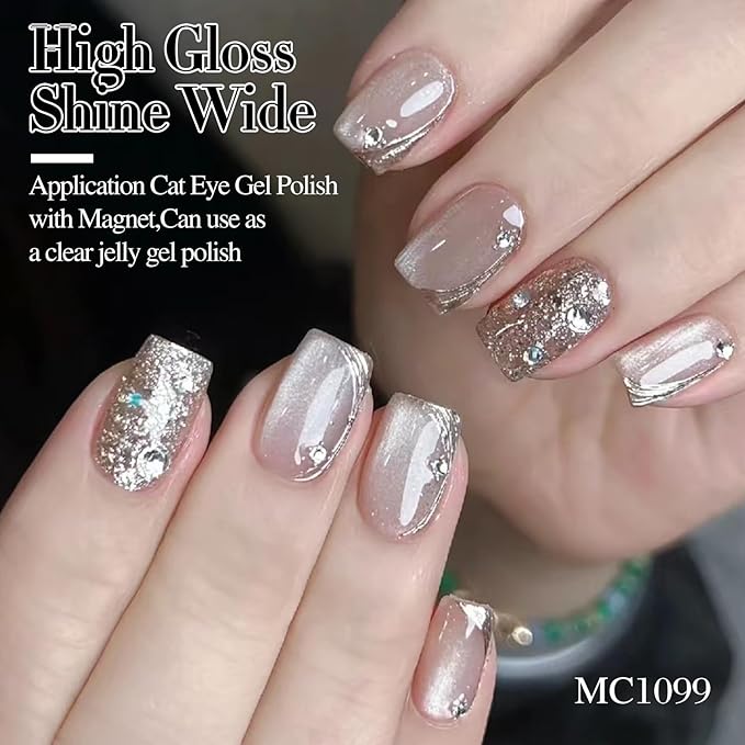 Double Rhythm 0.5 OZ Cat Eye Gel Polish with Magnet 15ML Holographic Glitter Shimmer Translucent Jelly Color Magnetic Nail Polish Salon DIY at Home (Clear Silver-B-MC1099)