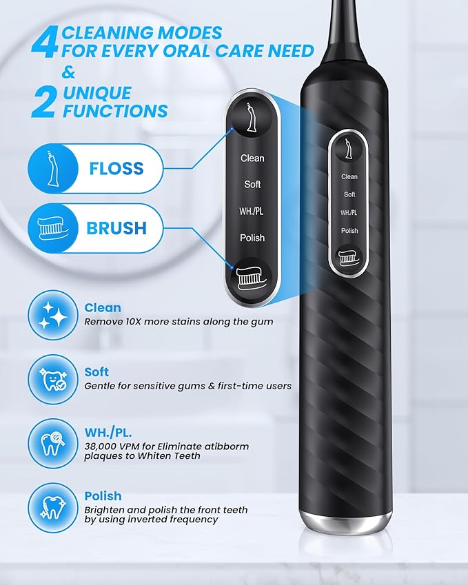 Electric Toothbrush with Water flosser, 3 in 1 Teeth Cleaning Kit with 7 Modes, Electric Toothbrush and flosser Combofor Adults, Water Flosser Portable for Travel and Home (Black)