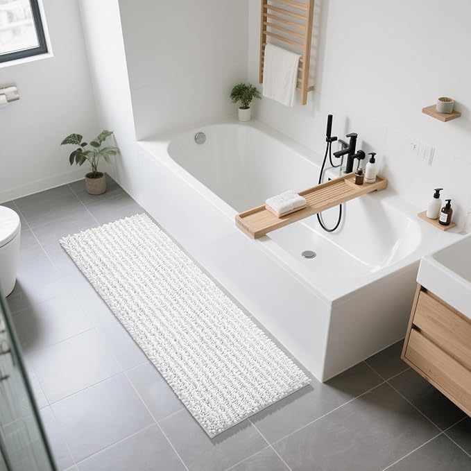 Yimobra Bathroom Runner Rug 60x24 Inch - Extra Long Non Slip Chenille Bath Mat, Soft & Absorbent, Machine Washable Shaggy Hallway Carpet for Vanity Tub Shower, White Home Decor Accessories