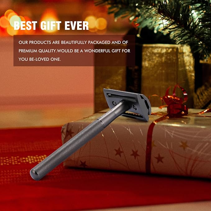 KINGHOOD Safety Razor - One Blade, Metal, Reusable, Double Edge, Closed Comb, Brass, Black