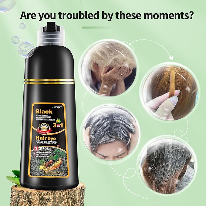 2 Pack Black Hair Dye Shampoo, Leorx 3 In 1 Black Color Shampoo Dye For Gray Hair Instant Herbal Coloring For Women & Men - Tintes Para El Cabello