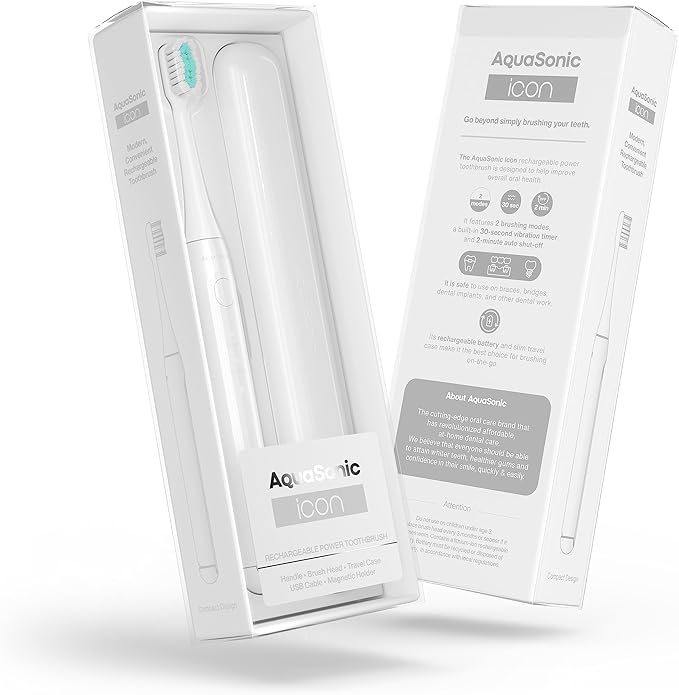 Aquasonic Icon ADA-Accepted Rechargeable Toothbrush | Magnetic Holder & Slim Travel Case | 2 Brushing Modes & Smart Timers | Gentle Micro-Vibrations (Pearl)