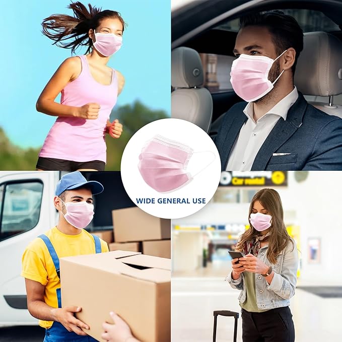 100Pcs Pink Disposable Face Mask, 3 Ply Masks with Soft Elastic Ear loops