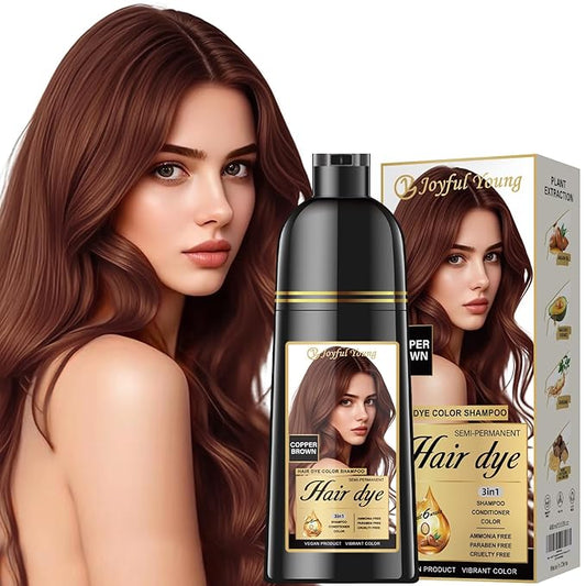 Hair Dye Shampoo 3-in-1 Vegan Color for Gray Hair - Ammonia-Free for Men & Women – Beard & Hair Coloring – Instant Gray Coverage Champú Para Canas Mujer & Hombre (COPPER BROWN)
