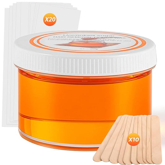Sugar Wax Kit for Hair Removal: 10.6oz/300gOrganic Sugaring Wax for Body Legs Arms Bikini and Back - Includes 20PCS Strips & 10pcs Sticks
