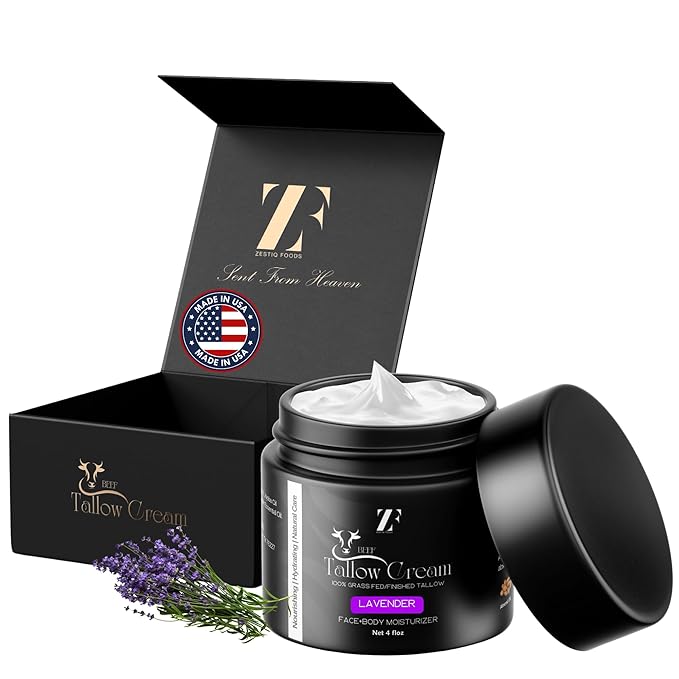 ZF 100% Grass Fed Beef Tallow for Skin Care - Face + Body - Natural Organic Lotion - Whipped Moisturizer for Sensitive Skin 4 FL. oz. (Lavender)