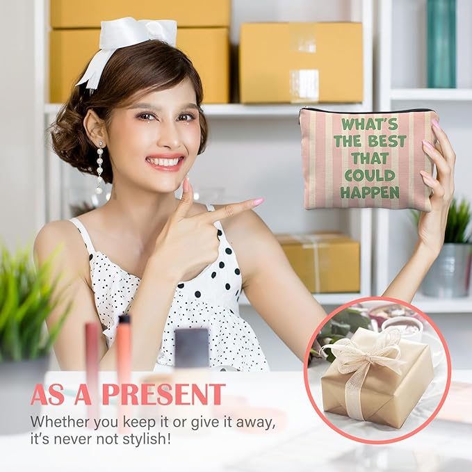 Inspirational Gifts Makeup Bag for Women, Motivational Gifts for Women Coworkers, Retro Green and Pink Cosmetic Bag for Purse, What's The Best That Could Happen Makeup Zipper Pouch
