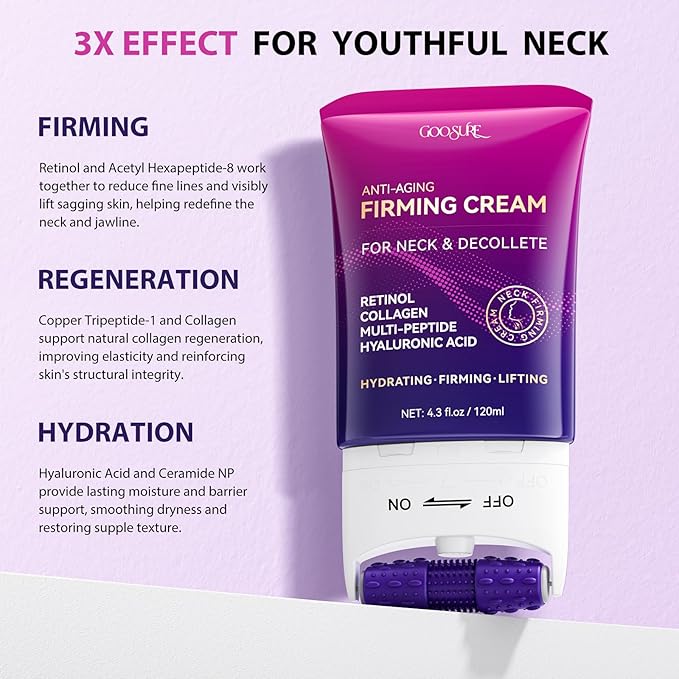 Firming Neck Cream with Retinol, AH-8 Hexapeptide Collage, Firm Sagging Skin on the Neck and Décolleté, Promote Skin repair, Neck Firming Cream with Massage Roller, Value Size 4.3 fl oz