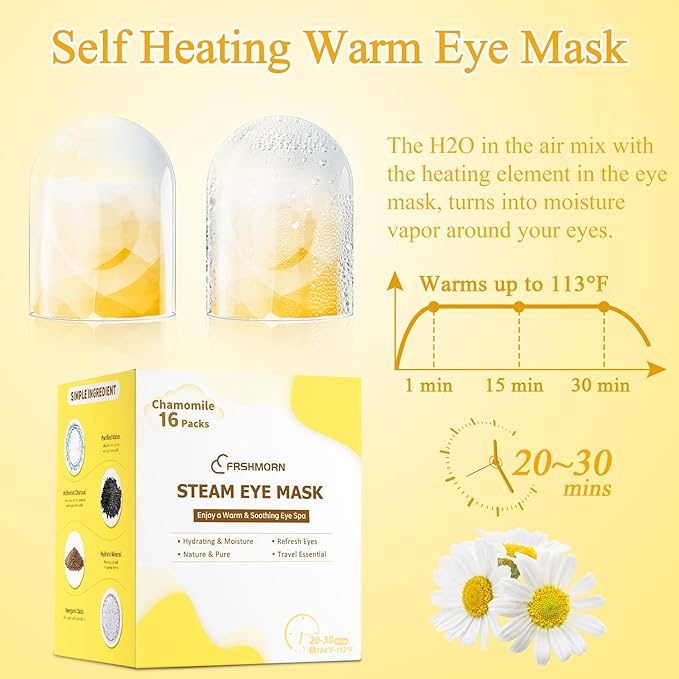 16 Packs Steam Eye Mask, Heated Eye Mask for Sleeping, Warm Compress for Eyes, Self Heating Disposal Steam Mask for Home Sleep, Office, Spa, Travel Essentials Stocking Stuffers (Chamomile)