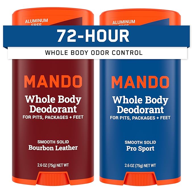 Mando Whole Body Deodorant For Men - Smooth Solid Stick - 72 Hour Odor Control - Aluminum Free, Baking Soda Free, Skin Safe - 2.6 Ounce (Pack of 2) (Bourbon Leather & Pro Sport)
