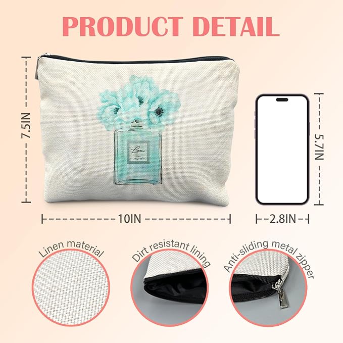 Trendy Teal Makeup Bag for Women, Fashion Turquoise Floral Perfume Bottle Modern Aesthetic Cosmetic Bag for Purse, Preppy Girly Turquoise Makeup Zipper Pouch