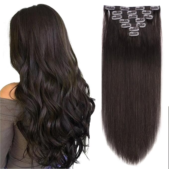 14 Inch Clip in Hair Extensions Real Human Hair 110g 7 Pieces 16 Clips Dark Brown #2 Double Weft Human Hair Clip In Extensions Silky Straight Thick Hair Extensions Clip Ins