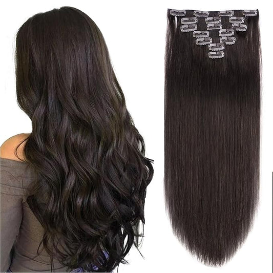 14 Inch Clip in Hair Extensions Real Human Hair 110g 7 Pieces 16 Clips Dark Brown #2 Double Weft Human Hair Clip In Extensions Silky Straight Thick Hair Extensions Clip Ins