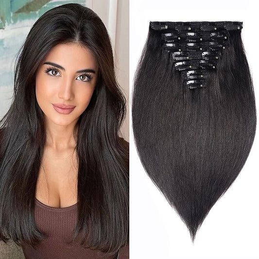 16" Clip in Human Hair Extensions Full Head 130g 7 Pieces 16 Clips 1B# Natural Black Double Weft Brazilian Real Remy Hair Extensions Thick Silky Straight (16", Natural Black)