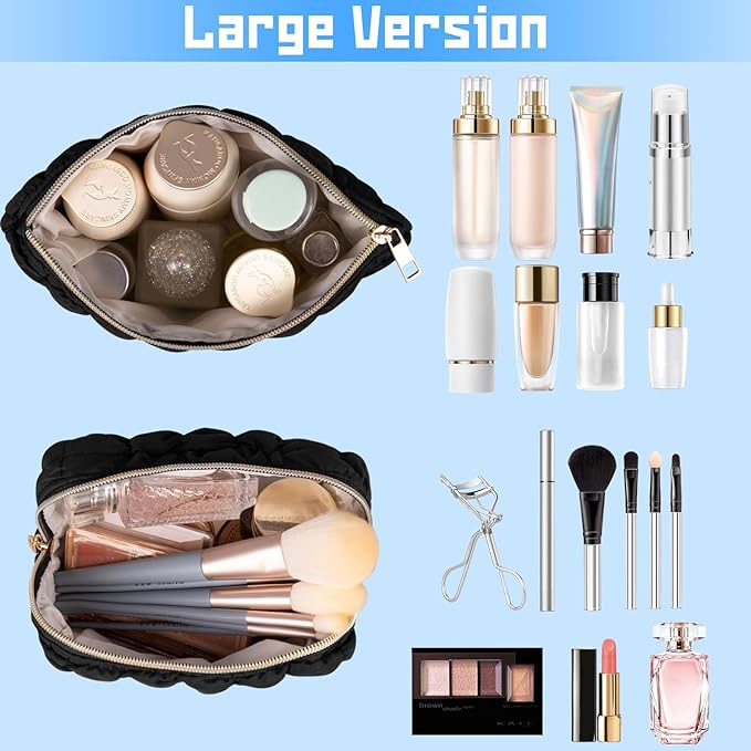 2PCS Initial Checkered Makeup Bag, Large Quilted Cosmetic Bag, Cute Make up Pouch for Purse, Travel Toiletry Storage Bag for Women Preppy Teen Girls Gift Trendy Stuff Gift (Black A)