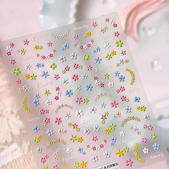3 Sheets Flower Nail Art Stickers 5D Embossed Colorful Summer Spring Nail Stickers for Nail Art Cute Daisy Nail Decals Self Adhesive Flower Nails Supplies Spring Nail Design for Women Girls