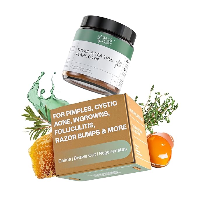MyMagicHealer Thyme & Tea Tree Flare Care | Ingrown Hair, Razor Bumps, Blind Pimples, Bartholin, Pilonidal Cysts | Folliculitis Cure | Piercing Care w/Egg Yolk Extract & Tea Tree 4 oz