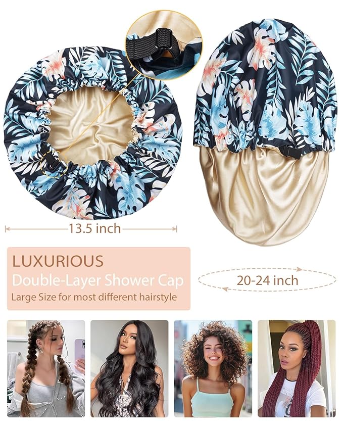 Shower Caps for Women Waterproof Reusable… (Black Palm)