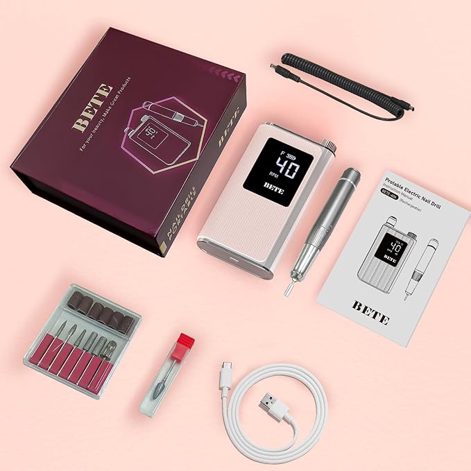 BETE Professional Nail Drill, 40000 RPM Cordless Electric Nail File Kit with 6 Bits, Rechargeable Efile for Acrylic Gel Nails Polishing, Manicure Tools for Salon Home Use, Pink