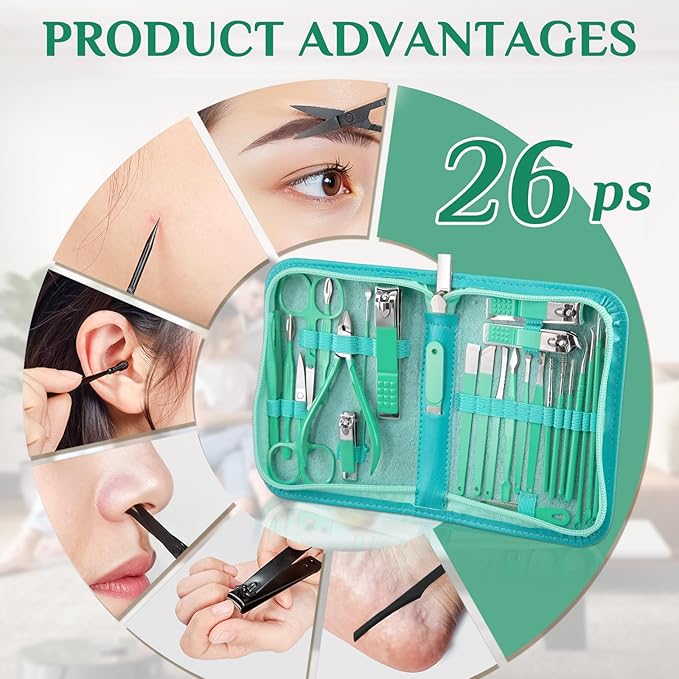 Manicure Set Professional Nail Clipper Kit-26 Pieces Stainless Steel Manicure Kit,Nail Care Tools with Luxurious Travel Case (Green)