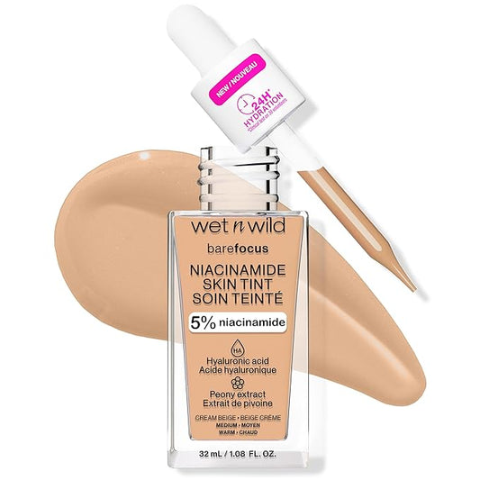 wet n wild Bare Focus Skin Tint, 5% Niacinamide Enriched, Buildable Sheer Lightweight Coverage, Natural Radiant Finish, Hyaluronic & Vitamin Hydration Boost, Cruelty-Free & Vegan - Cream Beige