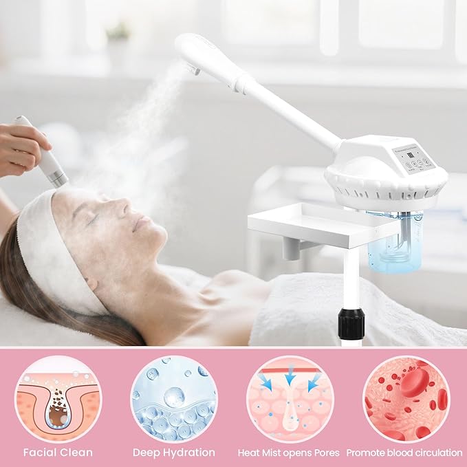 Facial Steamer Professional, Facial Steamer on Wheels with Storage Platform, Face Steamer with More Steam for Deep Cleansing and Hydration, Estheticians Steamer for Beauty, Spa and Home Use（White）